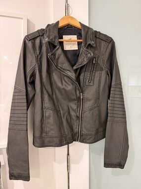 Hollister Women's Charcoal Faux Leather Moto Jacket